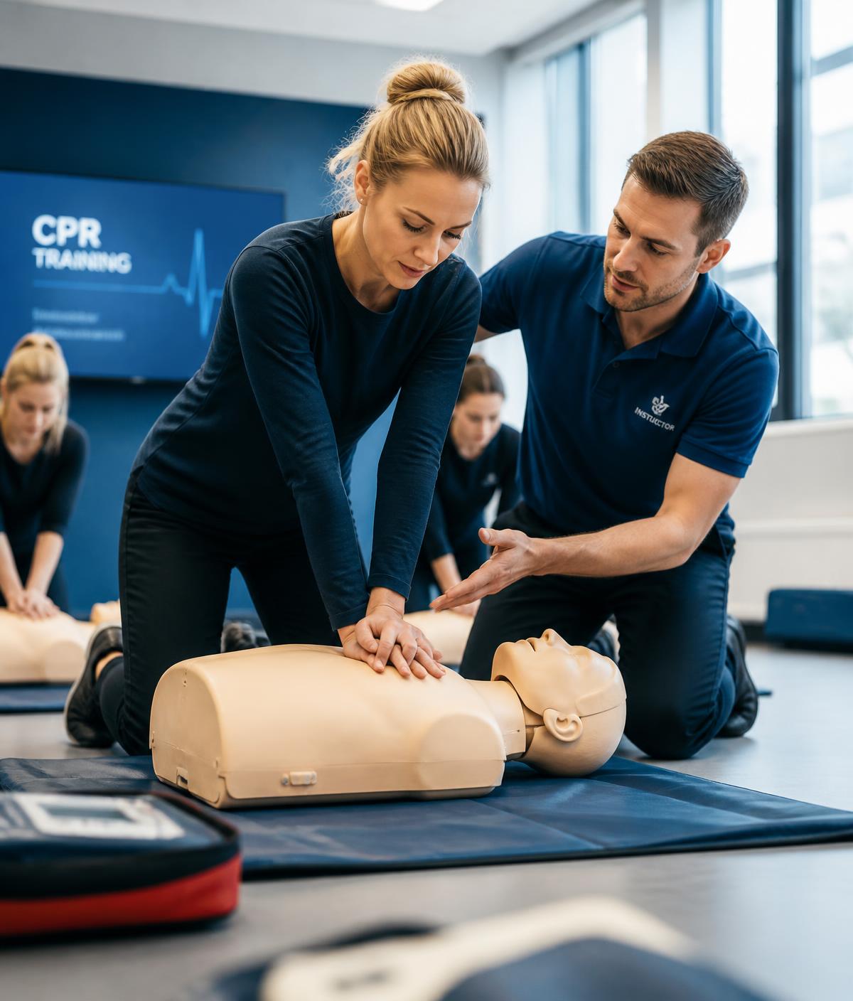 Instructor coaching a student through chest compressions on a CPR training manikin